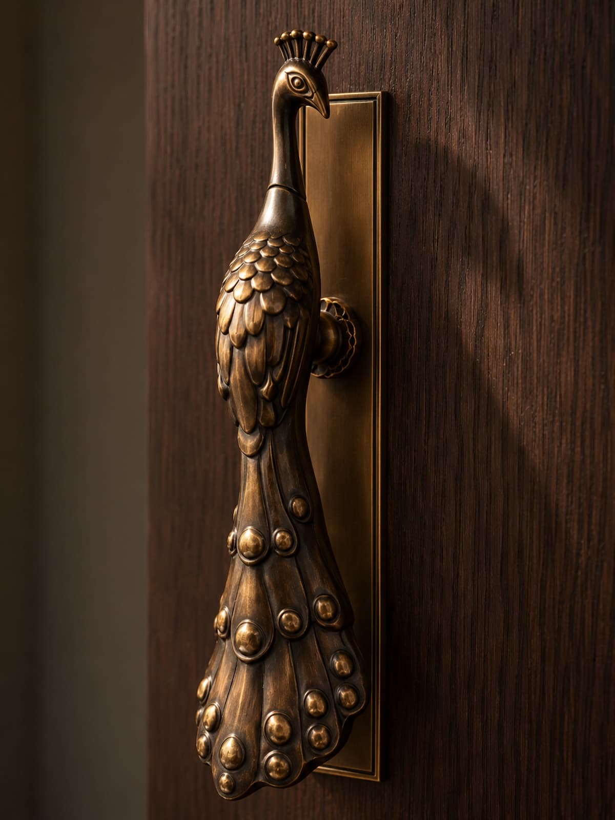 Macro photograph of an antiqued brass door pull on fumed walnut