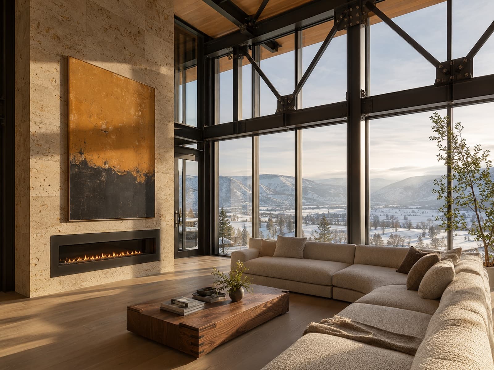 Castle Creek Residence — double-height living room with floor-to-ceiling glass framing a snowy valley