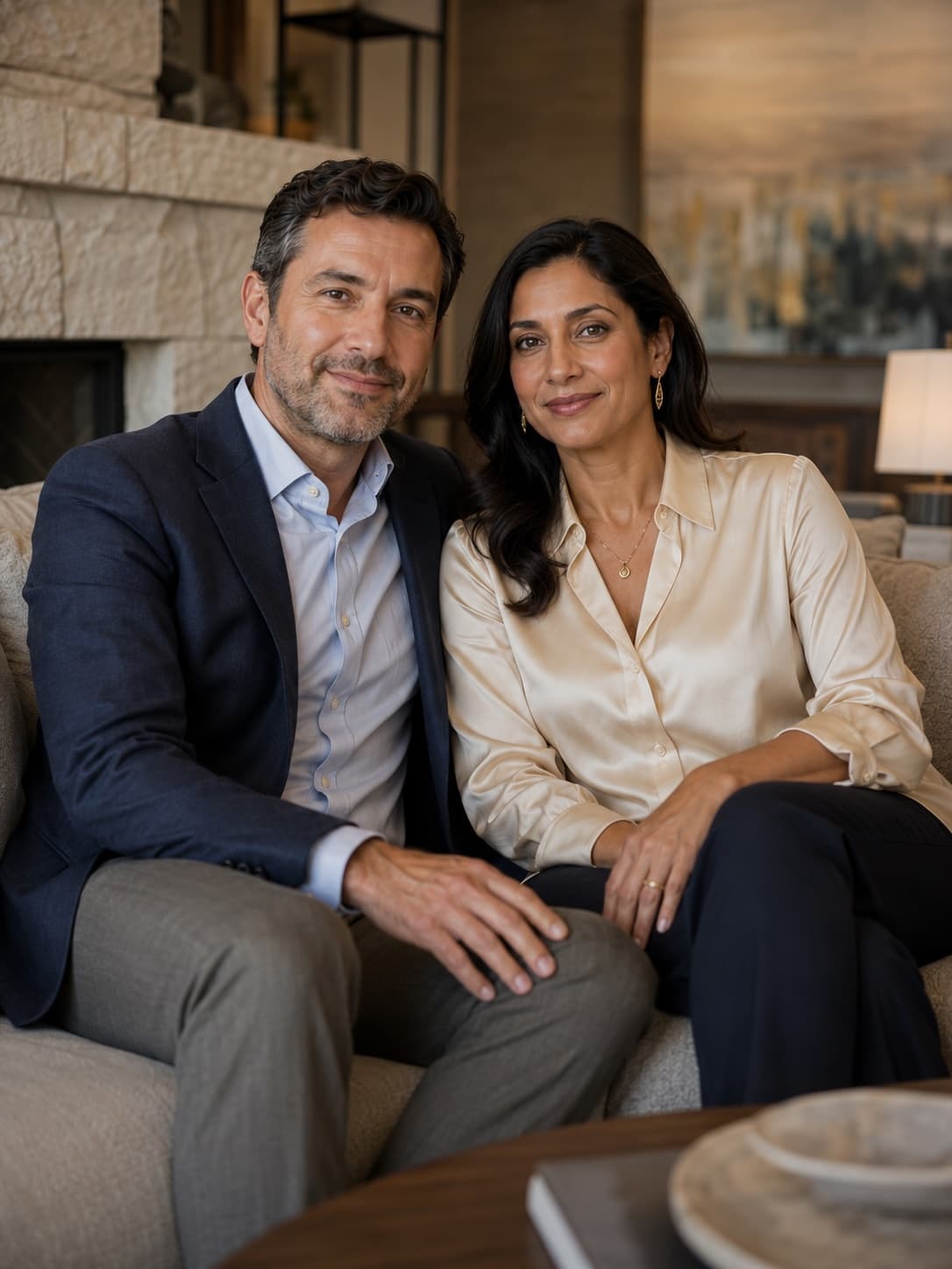 Daniel and Priya R. seated beside the limestone hearth of their Castle Creek residence