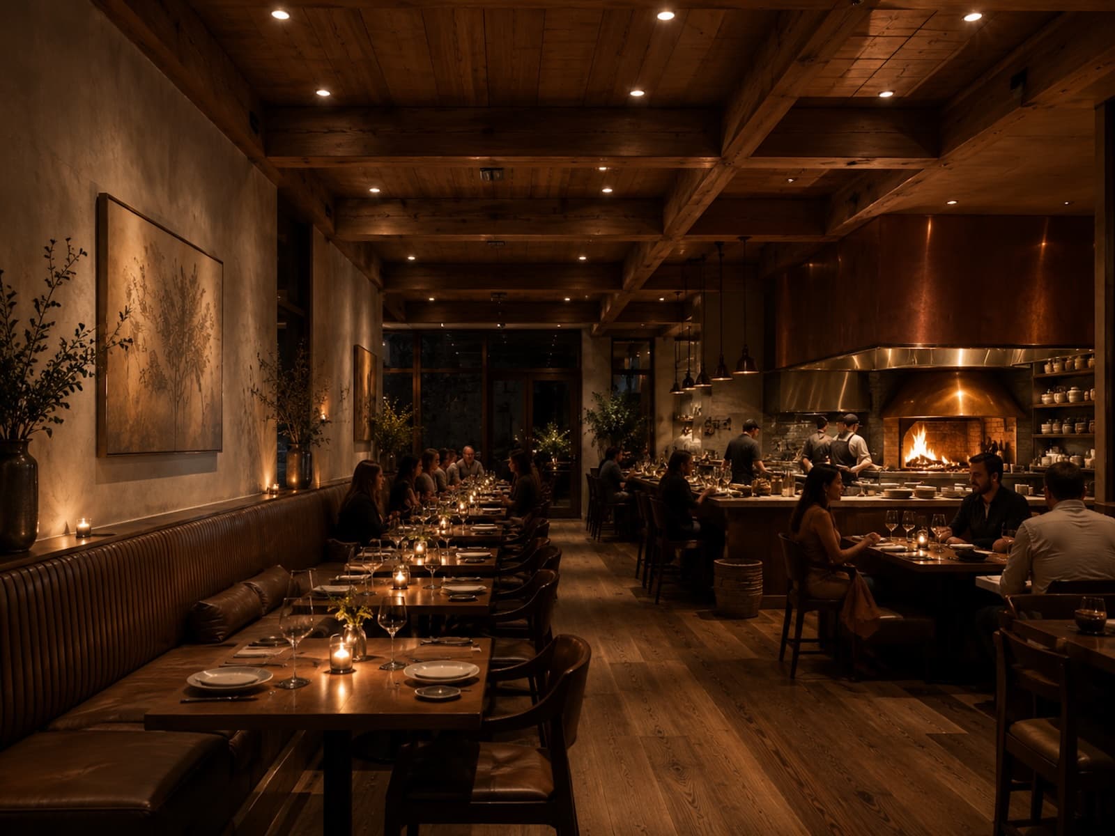 Hollis & Vine — intimate restaurant interior at night with rift-oak banquettes and candlelight