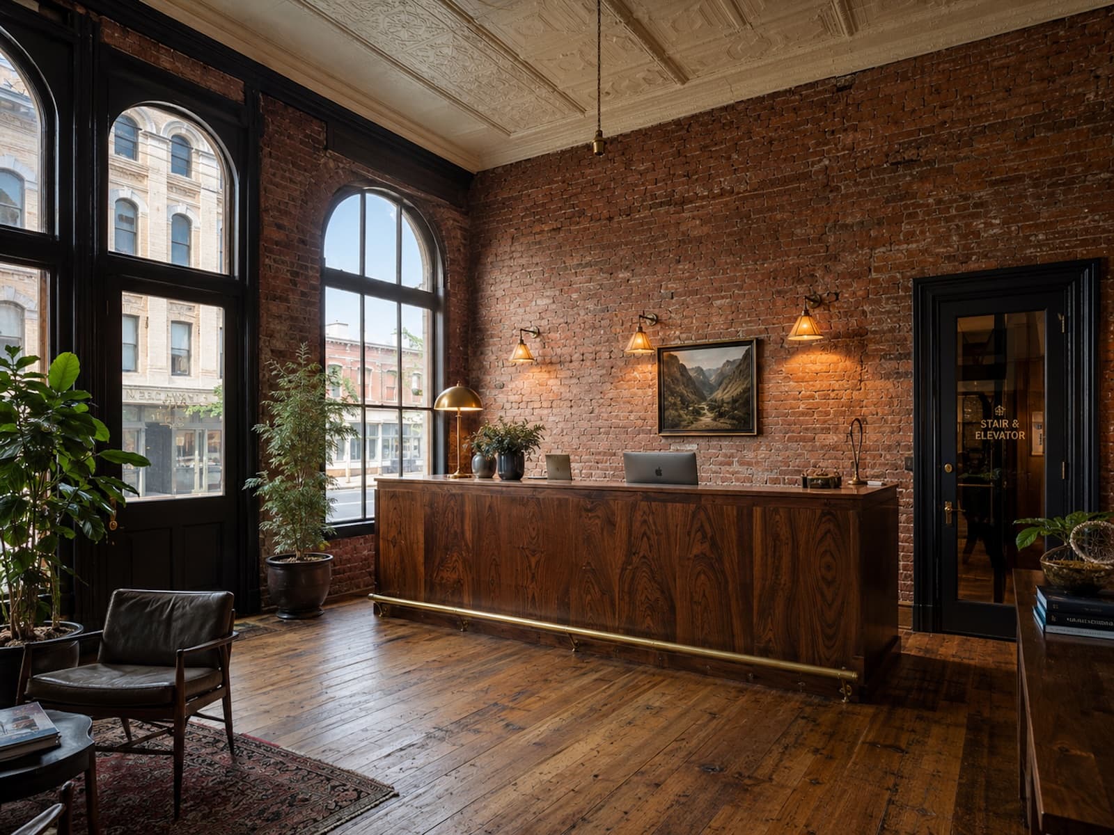 The Larkspur Hotel — boutique hotel lobby in a restored 1890s brick mercantile with walnut reception desk