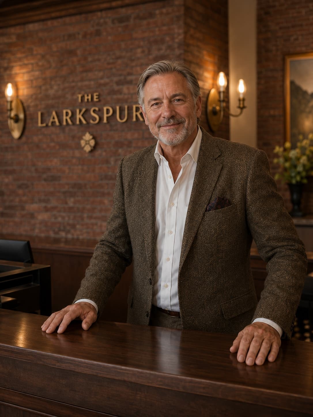S. Whitfield at the walnut reception desk of The Larkspur Hotel